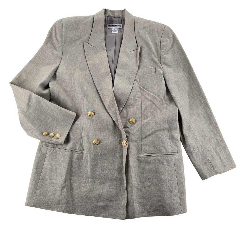 Jennifer Moore Womens Blazer 12P Beige Linen Double Breasted Gold Crest NWT